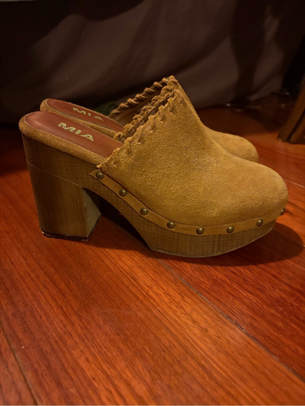 MIA Tan Suede Studded Platform Clog Heels